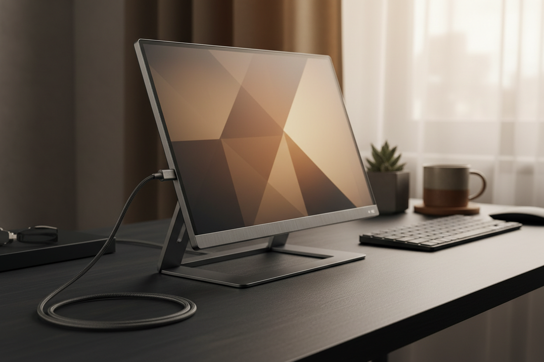 Portable monitor showing USB-C connectivity, slim design, and stable stand on a modern desk