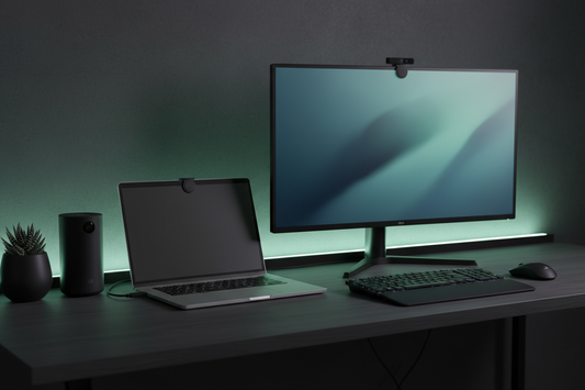Webcam privacy setup for a laptop and home office monitor