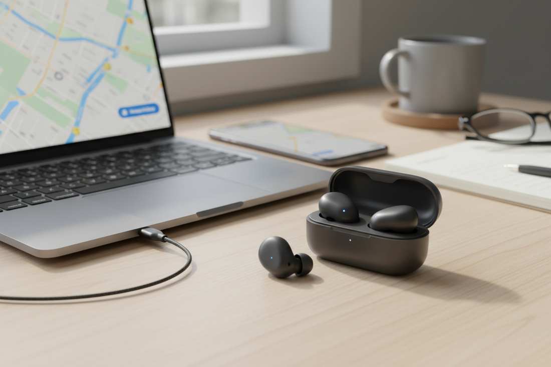 Wireless earbuds and charging case beside laptop and smartphone for everyday use