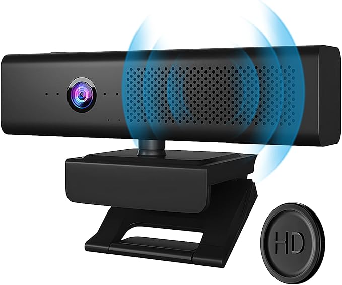 ROTOPATA Webcam with Speakers and Mic, Full HD 1080P/30FPS Computer Camera for Streaming Video Conference , 4 Noise-Cancelling Mics, Privacy Cover, 90°FOV, USB-A, Webcam for PC Desktop Monitor Laptop