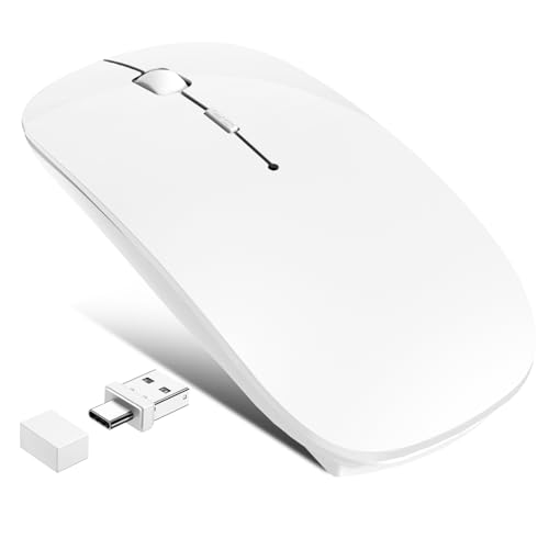Wireless Mouse for MacBook Air iPad Pro PC Laptop, Bluetooth Rechargeable Computer Mice with Jiggler Mode, Silent 3 Mode (BT 5.2/3.0 & USB-A/USB-C Receiver) Type-C Slim Travel Mouse, White