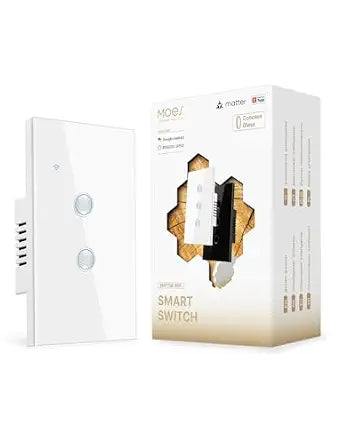 MOES Matter Wi-Fi Smart Light Switches Touch Glass Design, Needs Neutral Wire, Single Pole, 2.4GHz, Remote & Voice Control with Alexa, Google Home & Siri, Supports Timer and Schedule, White 2 Gang