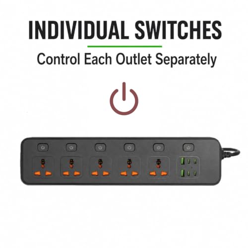 11-in-1 Universal Power Strip with Individual Switches 6FT Flat Plug Cord