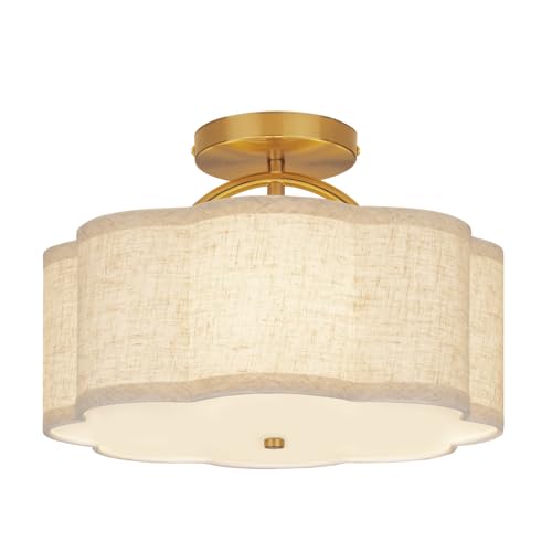 CALOKES Semi Flush Mount Ceiling Light, 11.8" Modern 3-Light Fixture with Petal-Shaped Cream Beige Linen Shade and Golden Support Arm, Ideal for Bedroom, Kitchen, Living Room, Hallway, and Entryway