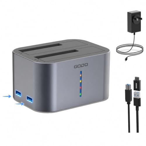 GODO 2.5/3.5" SATA Dual-Bay HDD Dock, USB 3.0 Hub, Clone, 20TBx2 Aluminum