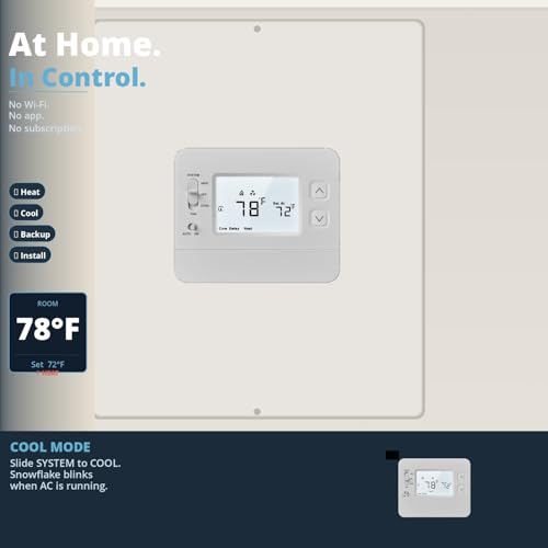 Non-Programmable Thermostat for Home, Battery Powered Wireless, No Wi-Fi No App Required, 1 Heat 1 Cool & Heat Pump, 24V Compatible, ±1°F Precision, Backlit LCD, Easy DIY Install