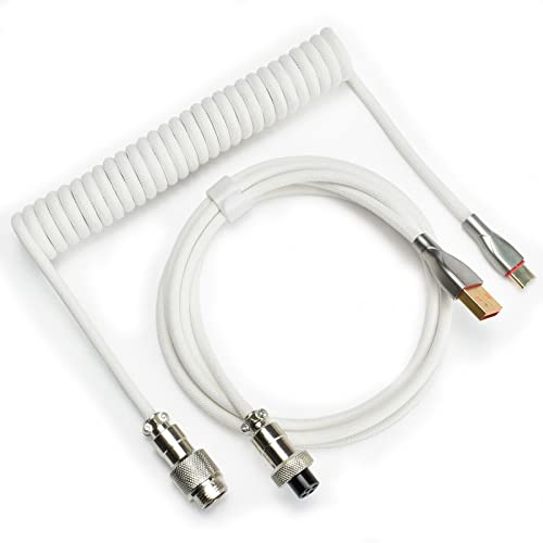 Braided Keyboard Cables 1.5m Coiled Type-C to USB A with Detachable Aviator Connector.for Gaming Keyboard/Tablet (White)