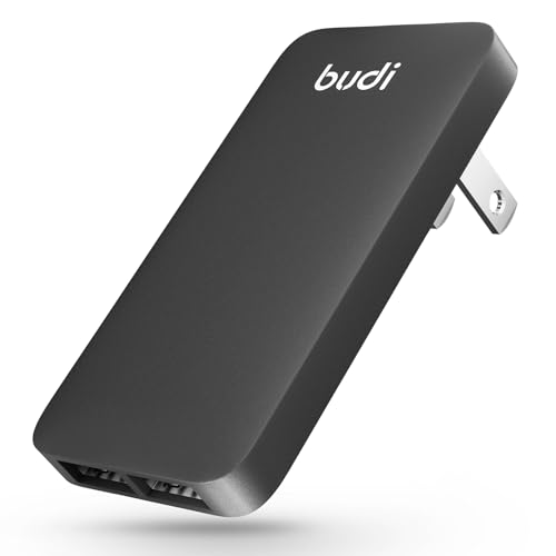 BUDI 17W Extra Slim Portable Wall Charger 2-Port USB-A Charger Foldable Wall Plug Compatible with Home Camera, iPhone IPad Samsung Galaxy(Black USB-A)