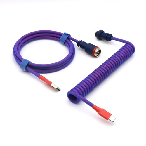 Reverse Coiled USB-C Keyboard Cable, Double-Sleeved Mechanical Keyboard Cable with Detachable Metal Aviator, 5FT USB-C to USB-A (Laser) - Image 1