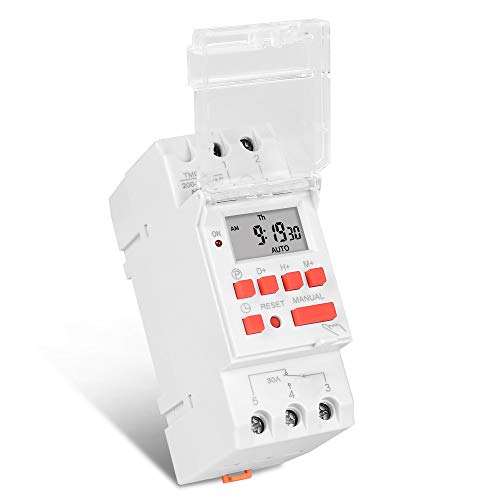 TM919B 30A 7 Days Programmable Timer Switch, Heavy-Duty Digital Weekly Timer with LCD, 16 ON/Off Settings, 35mm DIN Rail Mount, 5000W for Lighting, Water Heater, AC & Industrial Equipment (220V)