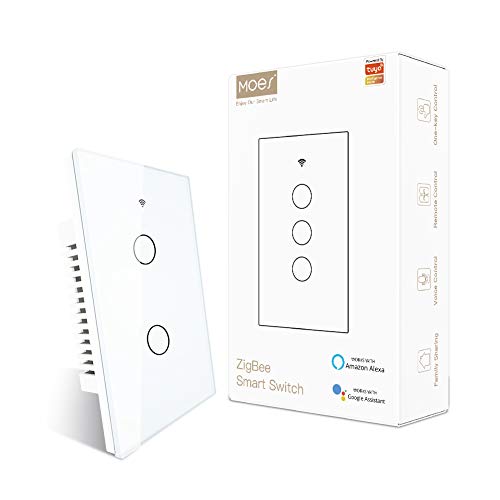 MOES ZigBee Smart Touch Wall Light Switch,Requires Tuya ZigBee Hub,No Neutral Wire/N+L Wiring,No Capacitor,Smart Life Tuya 2/3 Way Remote Control, Work with Alexa Google Home, 2MQTT,2 Gang White