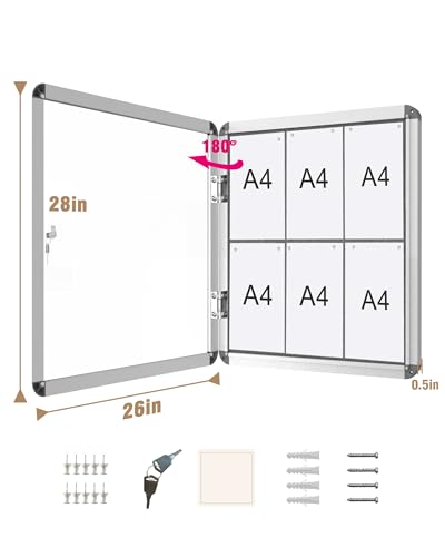 Mifuro 28"x26" Enclosed Bulletin Board, Lockable Weather-Resistant Aluminum Cork Noticeboard for School & Office, Silver Frame w/Grey Flet