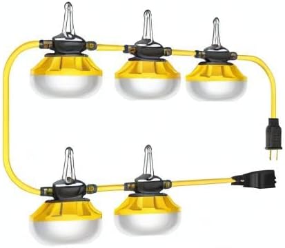 Construction Lights String Temporary Lighting, 50ft Work String with 5 Integrated Jobsite LED Lights 5000LM Super Bright, Carabiner Hooks - 5 Bulbs