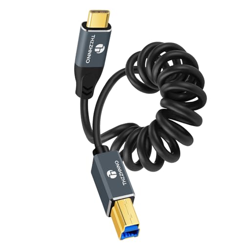 Coiled USB B to USB C Cable, 5Gbps USB C to USB B Printer Scanner Retractable Cable for MacBook, PC, Laptop, MIDI Keyboard, DJ Controller(Extend up from 0.75FT to 3.3FT)