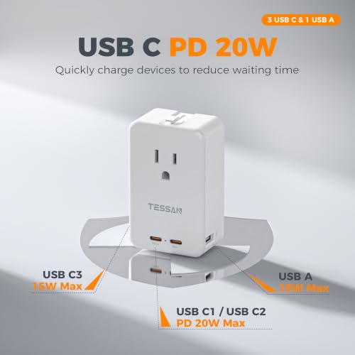 TESSAN Travel Adapter PD 20W, Universal Power Adapter with 3 USB C 1 USB A
