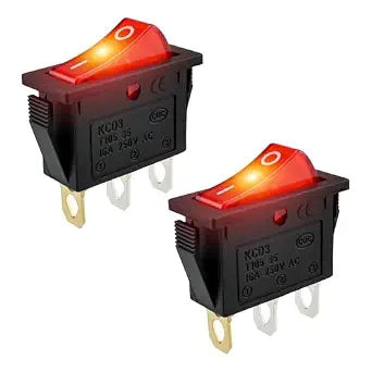 2Pcs Red LED Lighted KCD3 Rocker Switch | SPST On/Off 2 Position 3 Pin