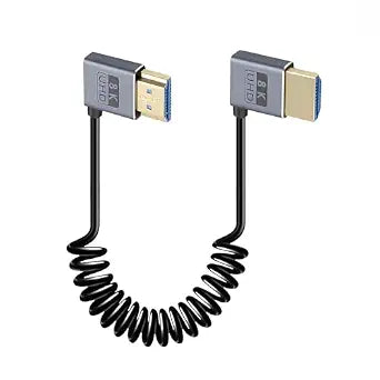 Duttek Coiled HDMI Cable1 FT-1.5FT 8K 60fps, 4K 120fps, Extremely Thin Left Angle to Right Angle HDMI Coiled Cable Short 480Gbps for ATOMOS Ninja V Sony A7siii Canon C300 C500 Ronin RS2 Monitor Camera