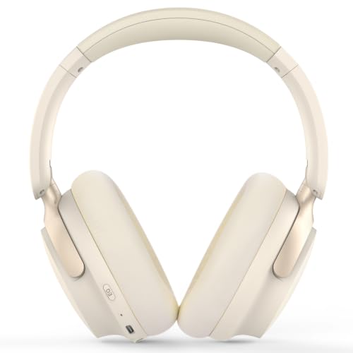 B8 Bluetooth Headphones Over Ear, 6 EQ Music Modes and 50H Playtime Deep Bass Wireless Headphones with Mic, Lightweight Folding HiFi Stereo Headset for iPad/Travel/Tablet/PC/Home Beige White