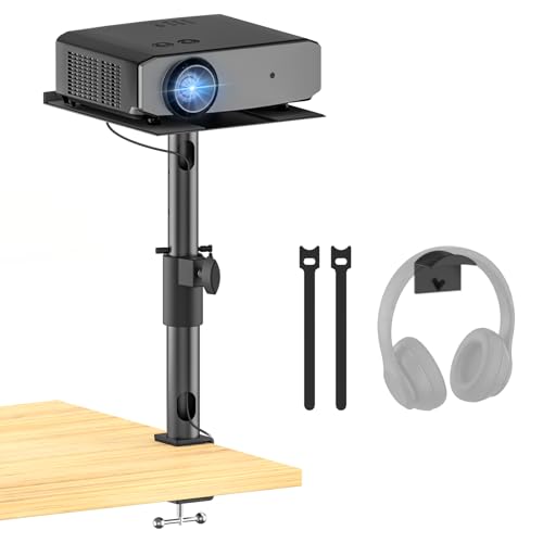 Height/Tilt/Swivel Adjustable Desktop Projector Stand Table for Aurzen Nebula XGIMI VANKYO Jinhoo AuKing Epson and Most Projectors - Desk Projector Stand Clamp on Desktop Wr Headphone Holder, Single
