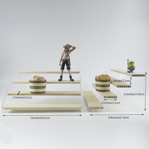 2 Pack 4 Tier Acrylic Display Stand for Figures Wooden Risers Display Case for Craft Fair Acrylic Cupcake Stand for Dessert Table Top Jewelry Displays for Craft Shows Perfume Shelf (SMALL)