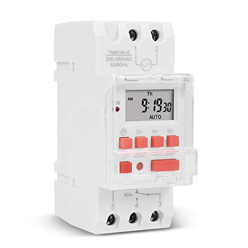 TM919B 30A 7 Days Programmable Timer Switch, Heavy-Duty Digital Weekly Timer with LCD, 16 ON/Off Settings, 35mm DIN Rail Mount, 5000W for Lighting, Water Heater, AC & Industrial Equipment (220V)