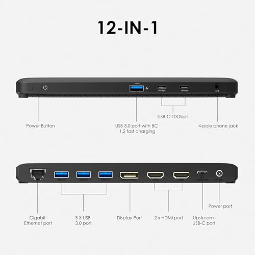 Laptop Docking Station, 12-in-1 USB-C Docking Station, Triple Display with 2xHDMI and 1xDP, 10 Gbps USB-C and 5 Gbps USB-A Data, Ethernet, Audio, 100W Charging for Dell, HP, Lenovo and More - Image 6