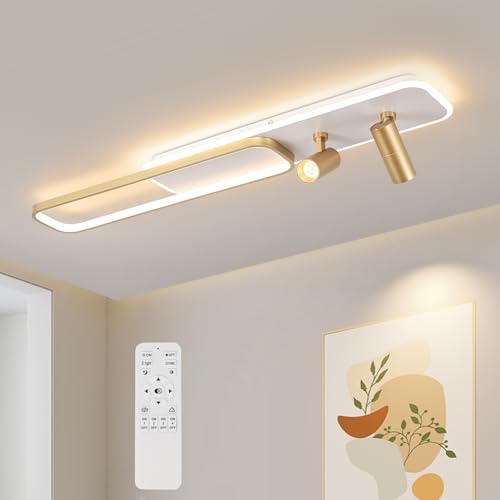 EIDISUNY Modern LED Ceiling Light Remote Control, 39.3in Linear Ceiling Light with 2 Adjustable Spotlights 65W, Dimmable 3CCT, Gold Long Ceiling Light Fixture for Bedroom Kitchen Living Room