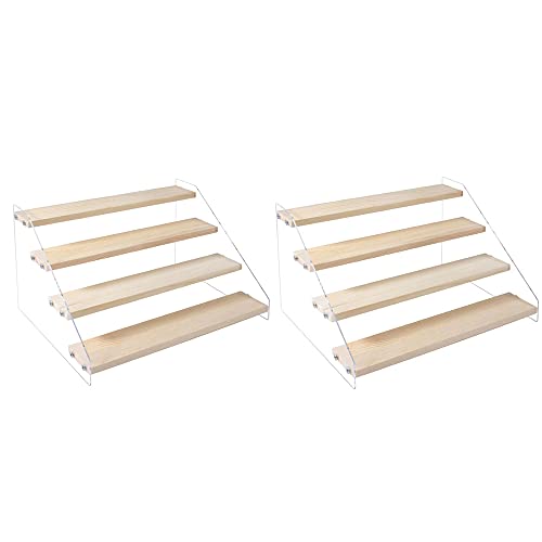 2 Pack 4 Tier Acrylic Display Stand for Figures Wooden Risers Display Case for Craft Fair Acrylic Cupcake Stand for Dessert Table Top Jewelry Displays for Craft Shows Perfume Shelf (SMALL)
