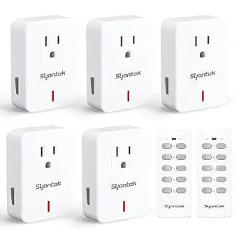 Syantek Remote Control Outlet Wireless Light Switch for Household Appliances, Expandable Remote Light Switch Kit, Up to 100 ft Range, White (5 Outlets + 2 Remotes)