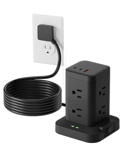Power Strip Tower with Surge Protector 1800J, Fast Charging Tower PD20W USB-C Ports with 8 AC Outlets, Extension Cord for Home Office Dorm Room, Black, 5FT