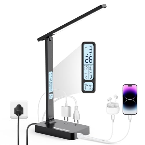 Infiway Desk Lamp with USB Charging Port: LED Stepless Dimmable Eye Caring Desk Light for Home Office - 1 Type-C, 1 USB-A Charging Port, 2 AC Power Outlets, Multiple Light Modes for Study and Bedroom