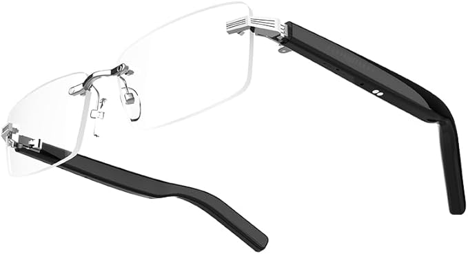 Smart Glasses Rimless Smartglasses with Bluetooth Speaker,Remote Control Photo Taking/Indoor Protection Voice Control (Anti-Bluelight Lenses)