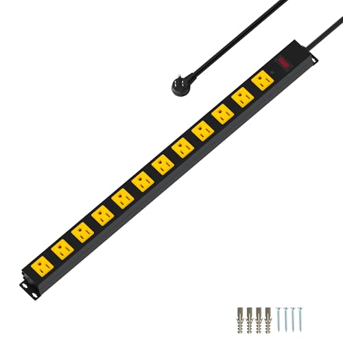 Metal 12 Outlet Mountable Power Strip, 2100J Surge Protector with Heavy Duty 6ft Extension Cord, Wide Spaced and Wall Mount Metal Powerstrip for Garage, Desk, Industrial, Shop and Indoor (6ft)