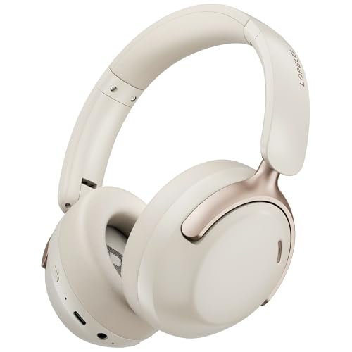 LORELEI Q30 Bluetooth Headphones Over Ear,60H Playtime & 3 EQ Music Modes,BT6.0 Headphones Wireless with Mic,Foldable Lightweight Headsets,HiFi Stereo Deep Bass for Home Travel iPad Tablet-Beige White