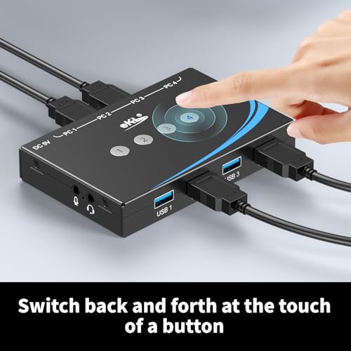 eKL USB 3.0 Switch 4 Computers Share 4 USB 3.0 Ports USB Switcher for PC Laptop Mouse Keyboard Scanner Printer One Button Switch with 3.5mm Headphone Jack and 4 Pack Cables - Image 4