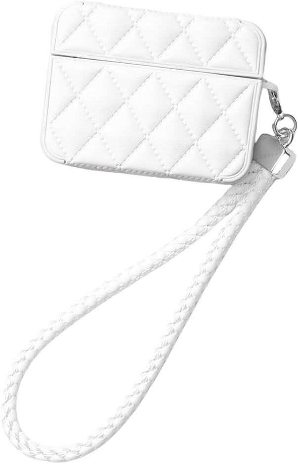 Earphone Case for AirPods 4, Elegant Classical Diamond PU Leather Surface Earphone Case Soft Silicone Case, Beautiful AirPods 4 Cover Protective Case Skin Protector for Earbuds +Lanyard-White
