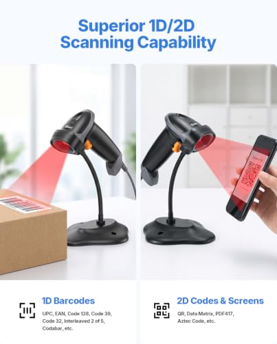 Eyoyo Handheld USB Wired 2D Barcode Scanner with Gooseneck Stand for POS