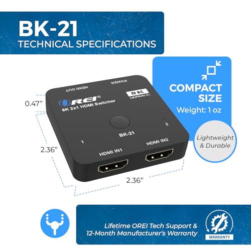 OREI 8K 2-Port HDMI 2.1 Switch, 8K@60Hz, 4K@120Hz, Auto and Manual Switch