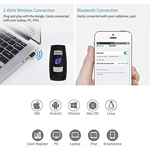 Alacrity Bluetooth Barcode Scanner, Portable Mini 1D Handheld Barcode Scanner 3-in-1 Bar Code Reader Scanner Scanning Work with Windows, Android, iOS, Tablets or Computers Able to Scan Codes on Screen
