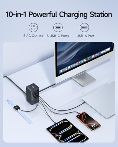 Baseus Charging Station 67W, 10-in-1 USB-C PD Fast Charging Desktop Charger with 1200J Surge Protection, 5ft Extension Cord, 6 AC, 3 USBC, 1 USBA Ports for iPhone 16/15, MacBook, Tablet, Desktop