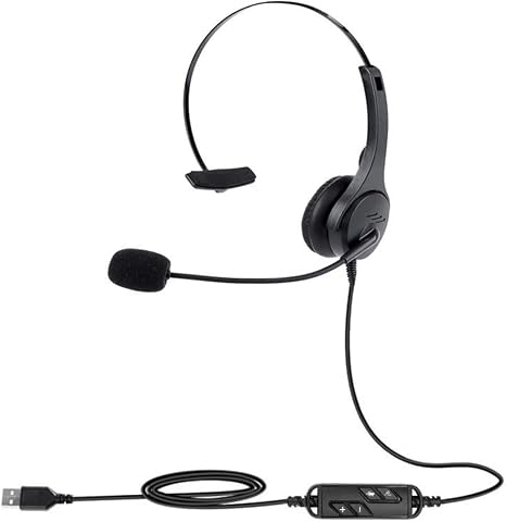 SingleSided USB Corded Headset with Adjustable Microphone Clear Voice Call Monaural Headphone for Office Computer PC Laptop