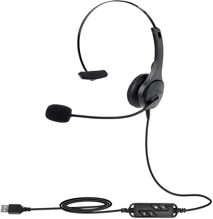 SingleSided USB Corded Headset with Adjustable Microphone Clear Voice Call Monaural Headphone for Office Computer PC Laptop