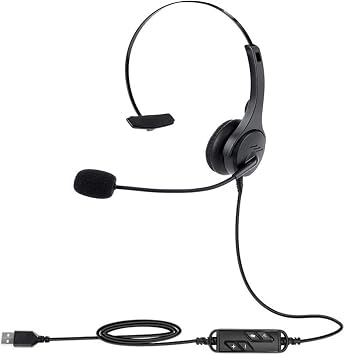 SingleSided USB Corded Headset with Adjustable Microphone Clear Voice Call Monaural Headphone for Office Computer PC Laptop