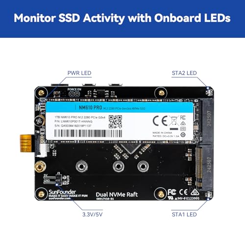 SunFounder Dual NVMe Raft for Raspberry Pi 5 PCIe Gen 2.0 to M.2 HAT Key-M SSD Hailo-8L AI Accelerator PIP M.2 2230/2242/2260/2280, NAS RAID 0/1, Manual (Not Compatible with the Pironman Series)