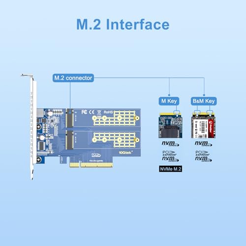 10Gtek Dual M.2 NVMe SSD Adapter Card - PCIe 3.0 x8 Slot (M-Key), Supports 2X NVMe Drives via Bifurcation | Requires BIOS Split Support | High-Speed Storage Expansion for Desktop PCs