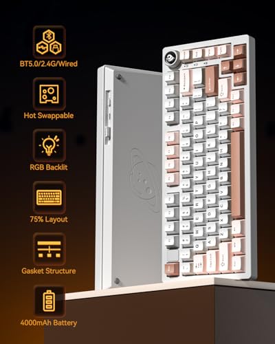 LEOBOG x AULA HI75C Pro PC Gaming Aluminum Alloy Keyboard,Bluetooth/USB-C/Wireless Tri-Modes Mechanical Keyboards,Hot Swappable Brown Creamy Keyboard with Turquoise Switch for Windows/Mac/Tablet Gamer