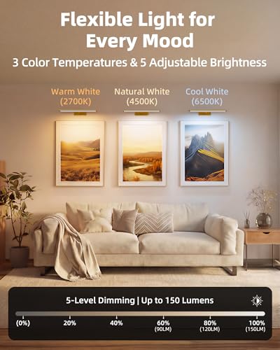 EZVALO Picture Light for Wall, 4800mAh Rechargeable Wireless Remote, 16‘’ Dimmable Magnetic LED Art Display Light with 3 Color Temperatures, for Gallery, Living Room, Bedroom, Hallway (Gold)