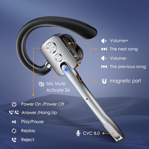 Bluetooth Headset, Wireless Headset with Dual-Mics & Noise Cancelling, Bluetooth Earpiece with Mute for Office Business Work Trucker, V5.3 Hands-Free Headset with QCC Chip for Phone PC iOS Android