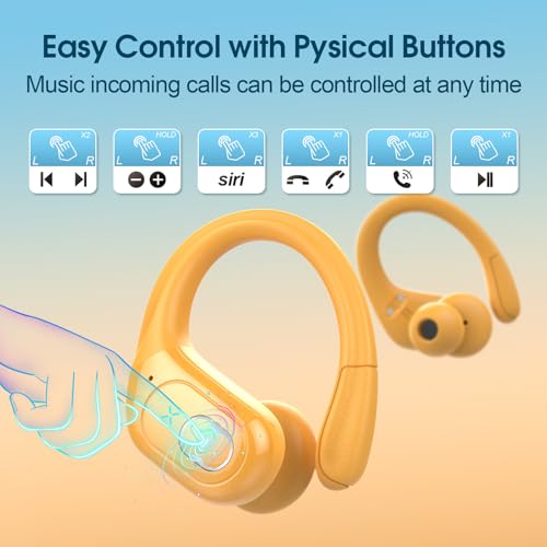 Wireless Earbuds 75H Bluetooth 5.4 Sport Headphones with Earhooks, Yellow