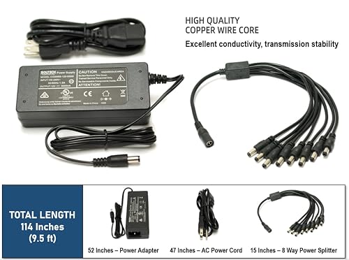 SOLTECH 12V 5A CCTV Adapter, Wisenet Compatible Security Camera Power Supply with 8-Way Splitter, AC DC Converter 100-240V to 12V 5A 60W Transformer, with Samsung Wisenet, Night Owl, Q-See, Black